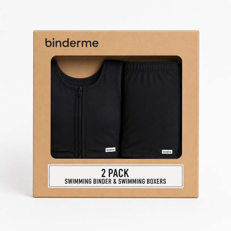 GIFT SET FTM Schwimmset für Trans Männer – Schwimmbinder und Badeboxershorts mit Packer-Tasche